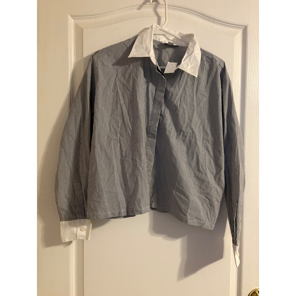 Ann Taylor Weekend Shirt Women Small Blue White New Pinstripe Contrast Preppy